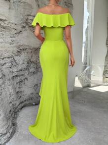 SHEIN Privé Off Shoulder Viền Ruffle Hem cao thấp Đầm - màu xanh lá - Xem 2