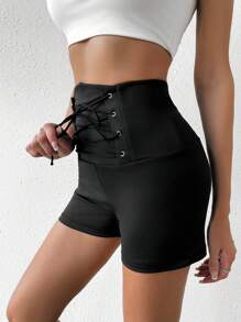 SHEIN Essnce 扣眼前繫帶短褲 - 黑色 - 查看 3