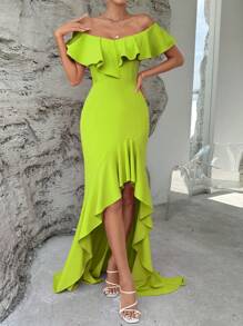 SHEIN Privé Off Shoulder Viền Ruffle Hem cao thấp Đầm - màu xanh lá - Xem 5