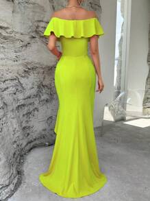 SHEIN Privé Off Shoulder Viền Ruffle Hem cao thấp Đầm - màu xanh lá - Xem 7