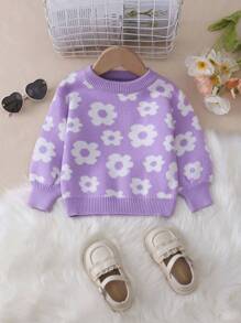 Baby Girl Floral Pattern Drop Shoulder Jumper - Purple - View 1