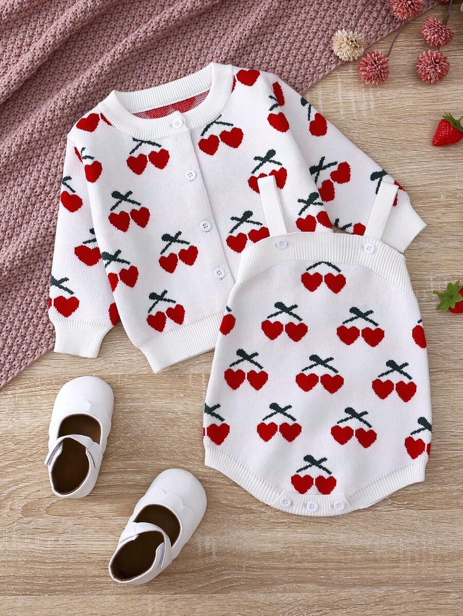 Baby Girl Cherry Pattern Knit Bodysuit & Cardigan - White - View 1