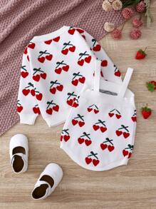 Baby Girl Cherry Pattern Knit Bodysuit & Cardigan - White - View 2