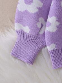 Baby Girl Floral Pattern Drop Shoulder Jumper - Purple - View 4