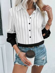 SHEIN LUNE In sọc Nút phía trước Áo sơ mi - Đen và trắng - Xem 3