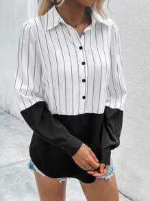 SHEIN LUNE In sọc Nút phía trước Áo sơ mi - Đen và trắng - Xem 4