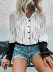 SHEIN LUNE In sọc Nút phía trước Áo sơ mi - Đen và trắng - Xem 6