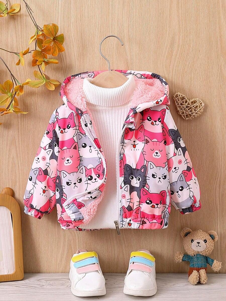Baby Girl 1pc Cartoon Print Hooded Jacket - Multicolor - View 1