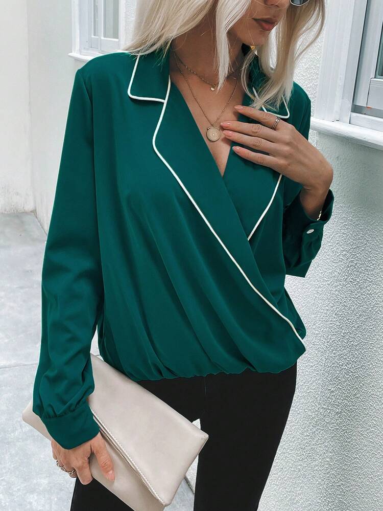 Contrast Binding Surplice Neck Blouse