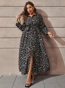 SHEIN Clasi 大碼豹紋印花腰帶襯衫洋裝 - 彩色 - 查看 3