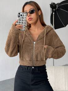 SHEIN EZwear Zip Up Drawstring Hooded Crop Teddy Jacket - Brown - View 5