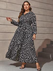 SHEIN Clasi 大碼豹紋印花腰帶襯衫洋裝 - 彩色 - 查看 2