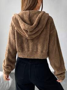 SHEIN EZwear Zip Up Drawstring Hooded Crop Teddy Jacket - Brown - View 2