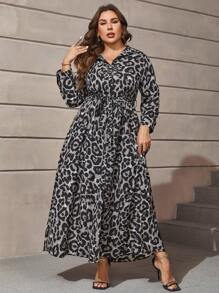 SHEIN Clasi 大碼豹紋印花腰帶襯衫洋裝 - 彩色 - 查看 5