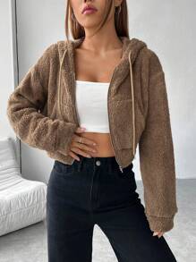 SHEIN EZwear Zip Up Drawstring Hooded Crop Teddy Jacket - Brown - View 1