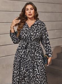 SHEIN Clasi 大碼豹紋印花腰帶襯衫洋裝 - 彩色 - 查看 6