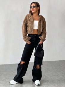 SHEIN EZwear Zip Up Drawstring Hooded Crop Teddy Jacket - Brown - View 6