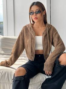 SHEIN EZwear Zip Up Drawstring Hooded Crop Teddy Jacket - Brown - View 7