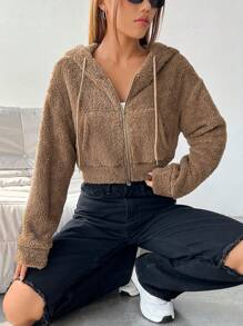 SHEIN EZwear Zip Up Drawstring Hooded Crop Teddy Jacket - Brown - View 3