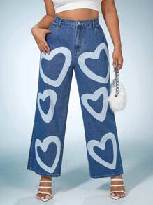 SHEIN ICON Plus Heart Print Wide Leg Jeans - Medium Wash - View 1