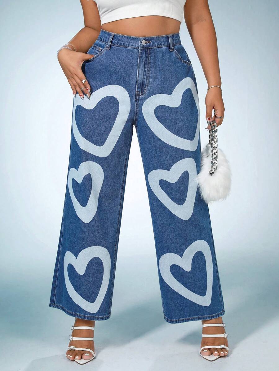 SHEIN ICON Plus Heart Print Wide Leg Jeans - Medium Wash - View 1