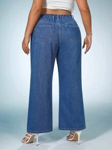 SHEIN ICON Plus Heart Print Wide Leg Jeans - Medium Wash - View 2