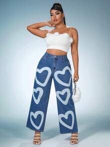 SHEIN ICON Plus Heart Print Wide Leg Jeans - Medium Wash - View 3