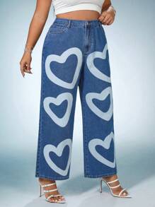 SHEIN ICON Plus Heart Print Wide Leg Jeans - Medium Wash - View 4