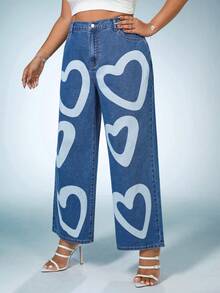 SHEIN ICON Plus Heart Print Wide Leg Jeans - Medium Wash - View 5