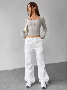Muchica Phong cách Retro Màu Khaki Nút Nửa Áo phông Crop - Xám - Xem 4