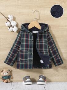 SHEIN Baby Boy Plaid Print Teddy Lined Hooded Coat