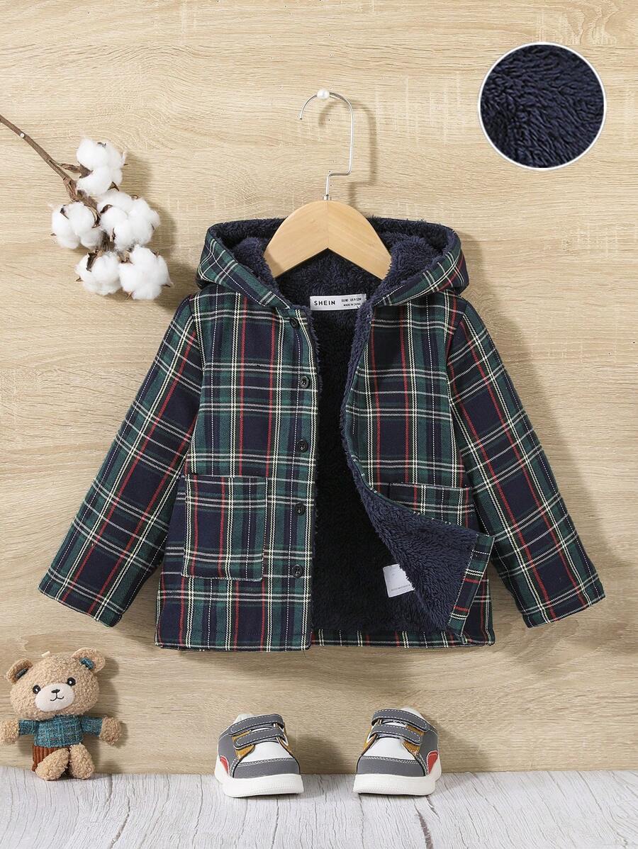 SHEIN Baby Boy Plaid Print Teddy Lined Hooded Coat