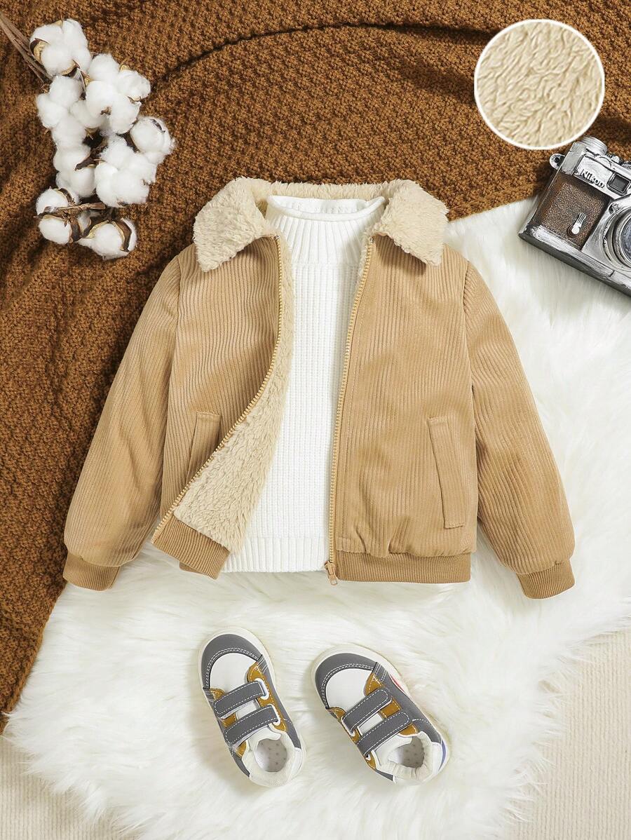 SHEIN Baby Boy Collar Teddy Lined Corduroy Jacket Without Tee