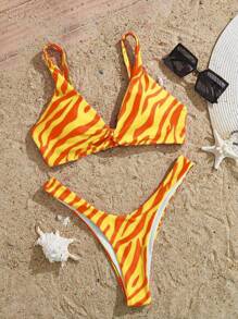 SHEIN 斑馬紋高腰比基尼套裝 - 黃色 - 查看 1