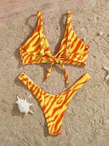 SHEIN 斑馬紋高腰比基尼套裝 - 黃色 - 查看 2