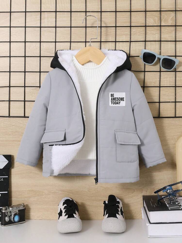 Baby Boy 1pc Letter Patched Flap Pocket Zipper Hooded Thermal Lined Padded Coat