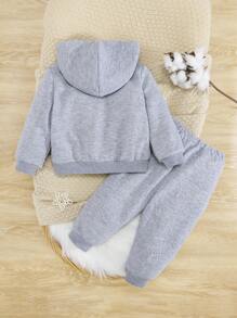 SHEIN Baby Boy Zip Up Thermal Lined Hoodie & Sweatpants - Light Grey - View 2