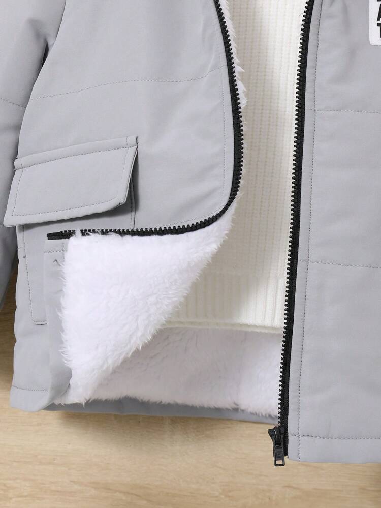 Baby Boy 1pc Letter Patched Flap Pocket Zipper Hooded Thermal Lined Padded Coat