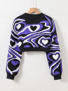 Tween Girl Heart Pattern Drop Shoulder Crop Jumper - Multicolor - View 2