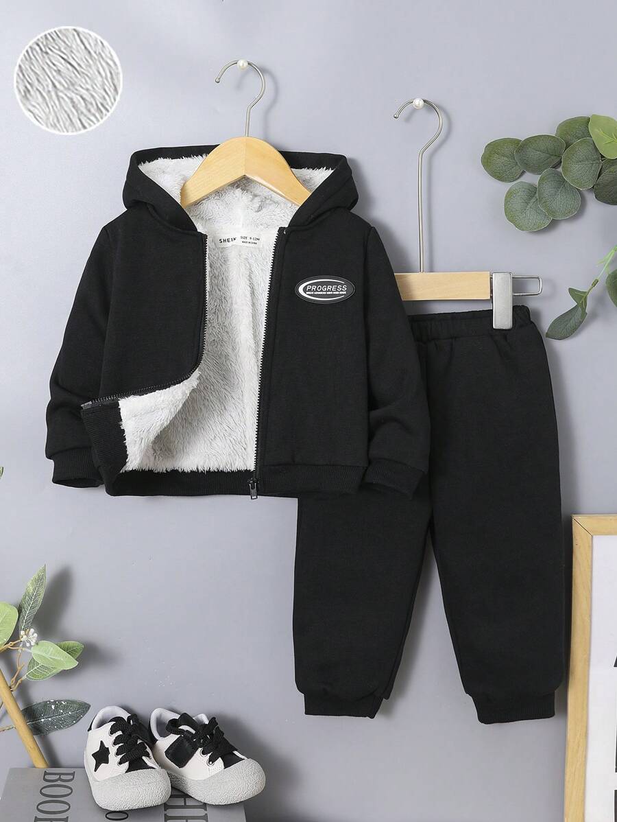 SHEIN Baby Boys' Casual Sports Shearling Lined Hooded Jacket And Elastic Waist Pants Thick Outfits