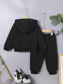 SHEIN Baby Boys' Casual Sports Shearling Lined Hooded Jacket And Elastic Waist Pants Thick Outfits