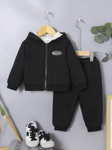 SHEIN Baby Boys' Casual Sports Shearling Lined Hooded Jacket And Elastic Waist Pants Thick Outfits