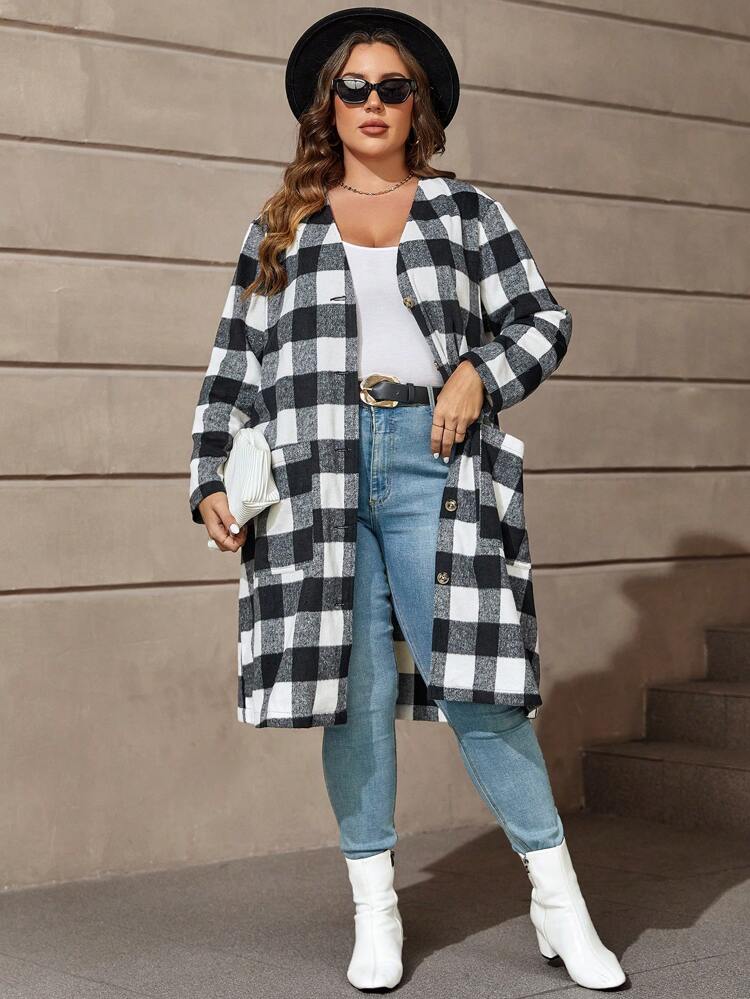 Plus Buffalo Plaid Print Patch Pocket Overcoat