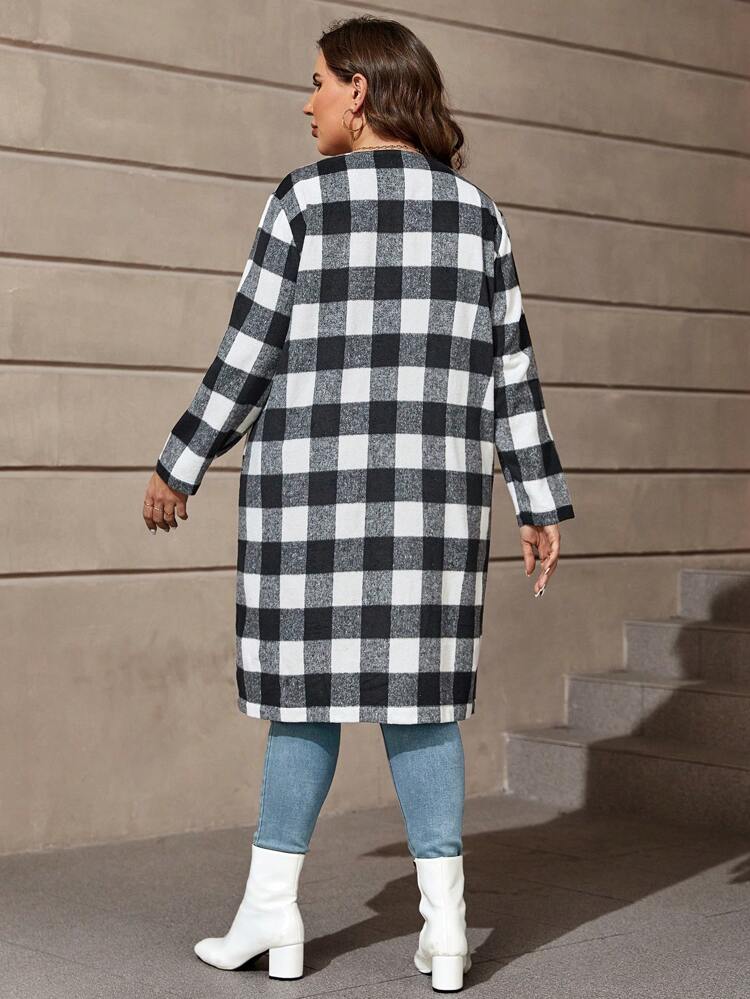 Plus Buffalo Plaid Print Patch Pocket Overcoat