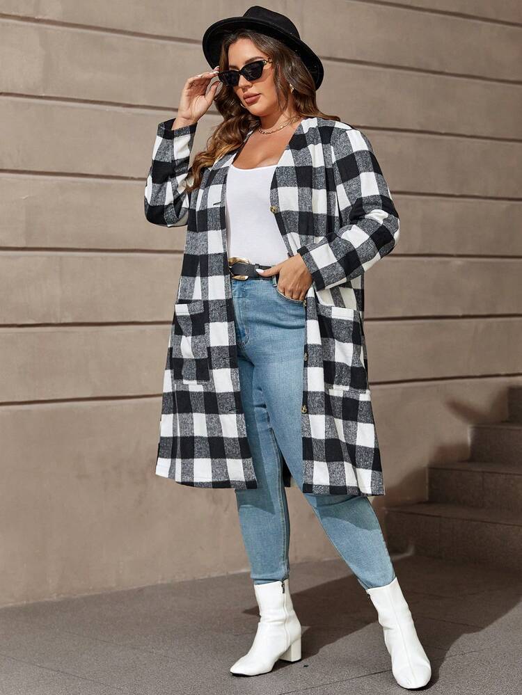 Plus Buffalo Plaid Print Patch Pocket Overcoat