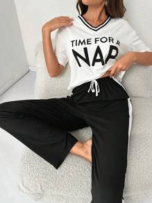 Slogan Graphic Striped Trim Drop Shoulder Knot Front PJ Set / Pajama Set