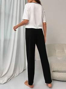 Slogan Graphic Striped Trim Drop Shoulder Knot Front PJ Set / Pajama Set