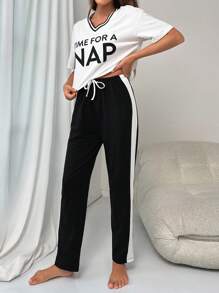 Slogan Graphic Striped Trim Drop Shoulder Knot Front PJ Set / Pajama Set