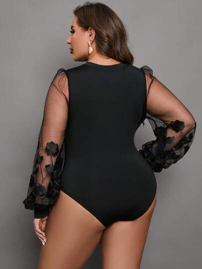 Chikora Plus Contrast Mesh Lantern Sleeve Bodysuit, For Winter