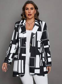 SHEIN Clasi Plus Geo Print Lapel Neck Blazer - Black and White - View 2